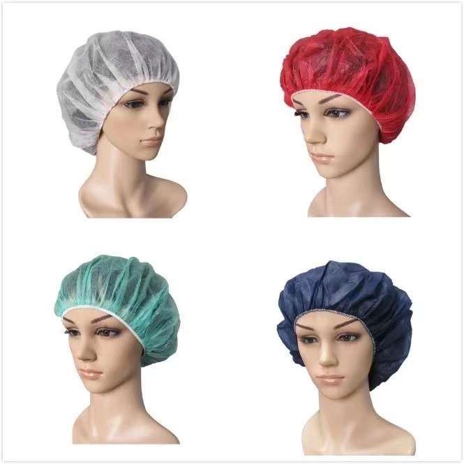 OEM Factory Spunbond Non Woven PP Fabric Latex Free White Blue Green Pink Red Disposable Bouffant Caps 21′/24′ Inch Diameter 53/60cm 10/12GSM 100/Bx 1000pack