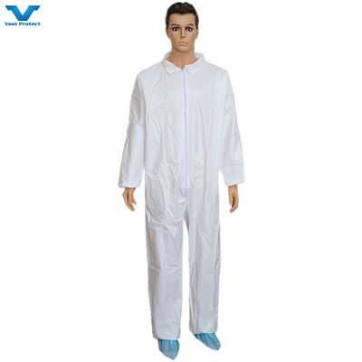 EN1149 EN1073 Bescheinigung Direkte Mikroporeus weiße Einweg-Coveralls mit Kragen