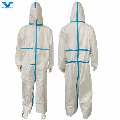 55GSM PPE CE-Zertifikat EN14126 Kategorie 3 Typ 4/5/6 Einweg-weiße Abdeckung mit blauem Band