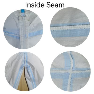 En14126 OEM Einweggedruck-Coveralls mit Kapuze mit weißem Mikroporusfilm und blauem Streifen