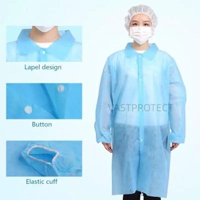 Einweg-Polypropylen-Labormantel mit elastischen Handgelenken und Schnappverschluss Unisex wasserdicht